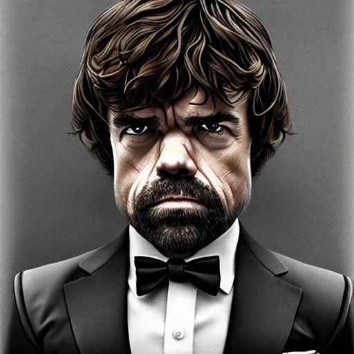 Image similar to peter dinklage as james bond, digital painting, extremely detailed, 4 k, intricate, brush strokes, mark arian, artgerm, bastien lecouffe - deharme