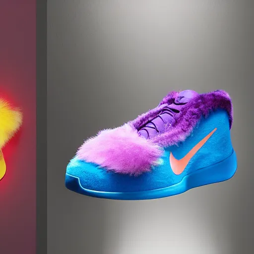 Image similar to poster nike shoe made of very fluffy colorful faux fur placed on reflective surface, professional advertising, overhead lighting, heavy detail, realistic by nate vanhook, mark miner