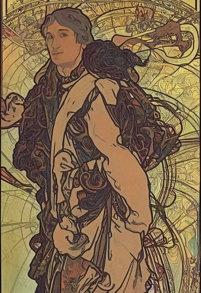 Prompt: Geoffrey Hinton drawn on a tarot card, tarot in art style by Alphonse Mucha