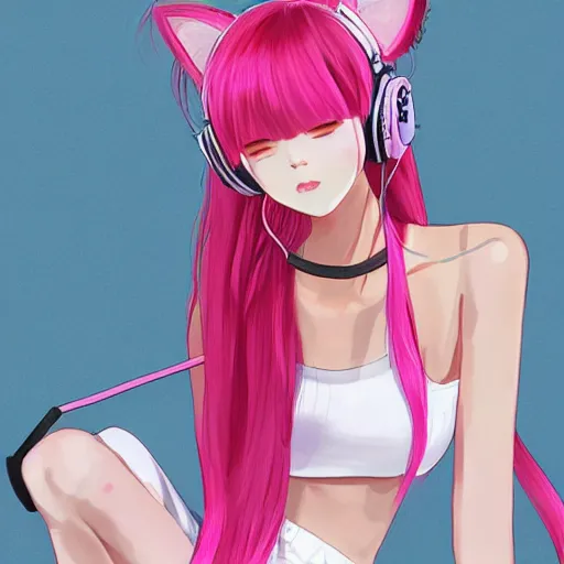 Image similar to realistic beautiful gorgeous natural cute Blackpink Lalisa Manoban pink hair cute fur pink cat ears, wearing white camisole summer outfit, headphones, black leather choker artwork drawn full HD 4K highest quality in artstyle by professional artists WLOP, Aztodio, Taejune Kim, Guweiz on Pixiv Artstation