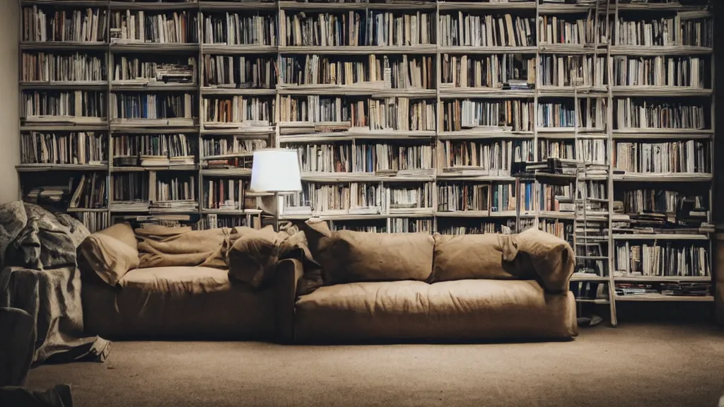 Prompt: a room in darkness with a couch and a small shelf with book lit by a dim light.