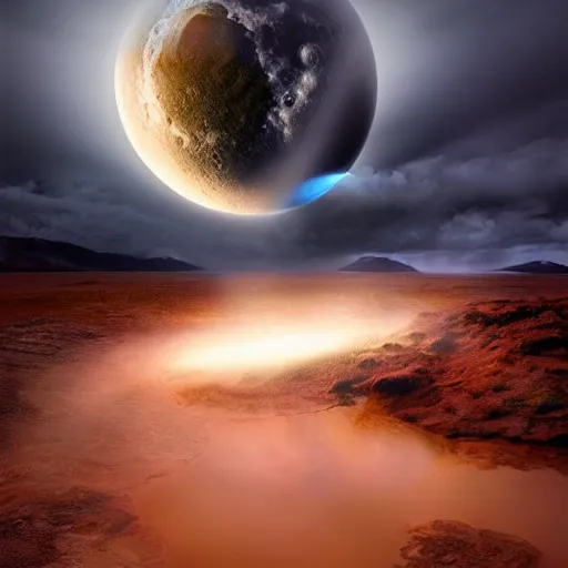 Image similar to amazing photo of a the moon hitting the earth and destroying it, digital art, by marc adamus, beautiful dramatic lighting