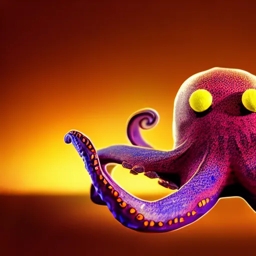 Image similar to a friendly large octopus playing soccer, on a soccer field, realistic photo, award winning photo, ultra wide shot, 3 5 mm, bokeh, blurred background, colorful lights, golden ratio