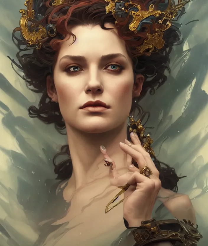 Prompt: excellent painted portrait of the queen of storms, high quality masterpiece painting with detailed face, 4k, trending on artstation, octane render, art by artgerm and greg rutkowski and alphonse mucha and craig mullins and James Jean and Andrei Riabovitchev and Marc Simonetti and peter mohrbacher