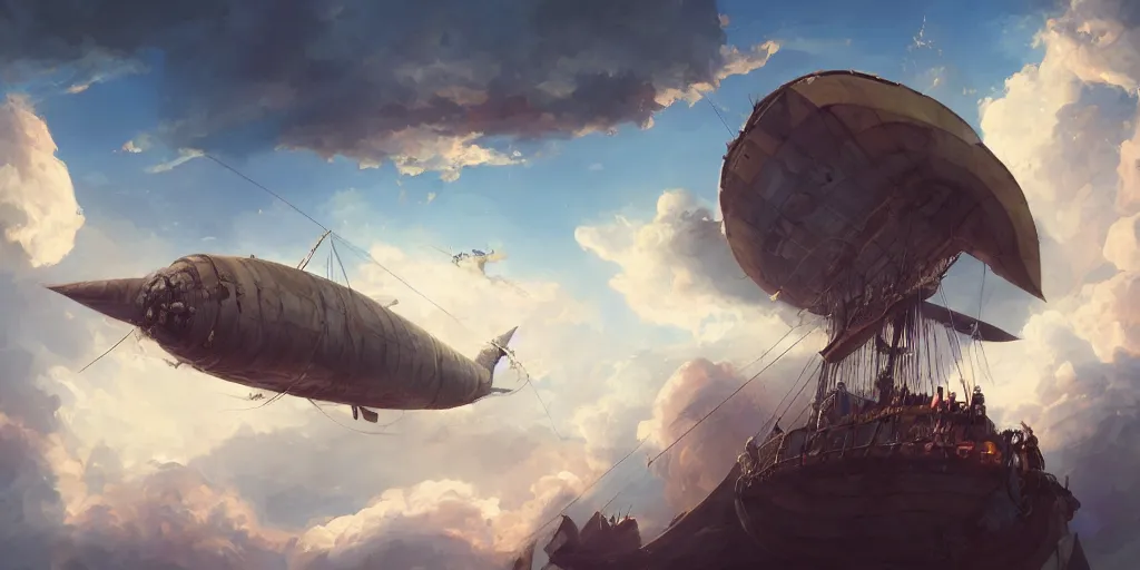 Image similar to a large 1 8 th century pirate airship flying among the clouds, soaring through the sky, airship, digital art, pirate ship, vivid colors, artgerm, james gilleard, very beautiful, highly detailed, volumetric lighting, award winning, intricate, trending on art station