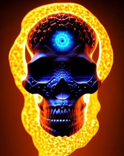 Prompt: 3 d ornate carved dark cosmic skull with profile portrait, sigma 5 0 0 mm f / 5. beautiful intricate highly detailed aquarium bioluminescent, plasma, lava, ice, water, wind, creature, thunderstorm! artwork by tooth wu and wlop and beeple and greg rutkowski, 8 k trending on artstation