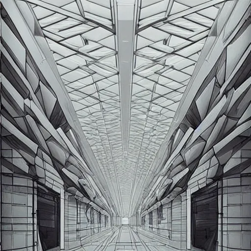 Image similar to “the inside of a huge white building with with many doors and stairs, confusing, clean geometric shapes, sharp lines, creepy, doors, strange dimensions, anime style, detailed background, horror anime”