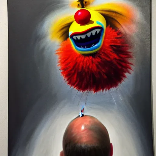 Prompt: hyperrealism painting from the housefly perspective getting swatted at from an angry and sick clown man with a fly swatter in the kitchen