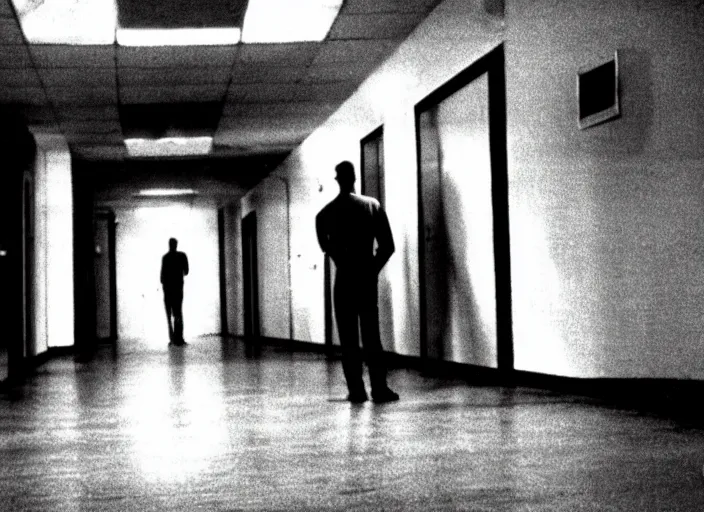 Prompt: disturbing 3 5 mm flash color photo of headless man standing in the middle of a hospital corridor horror film practical fx directed by dario argento
