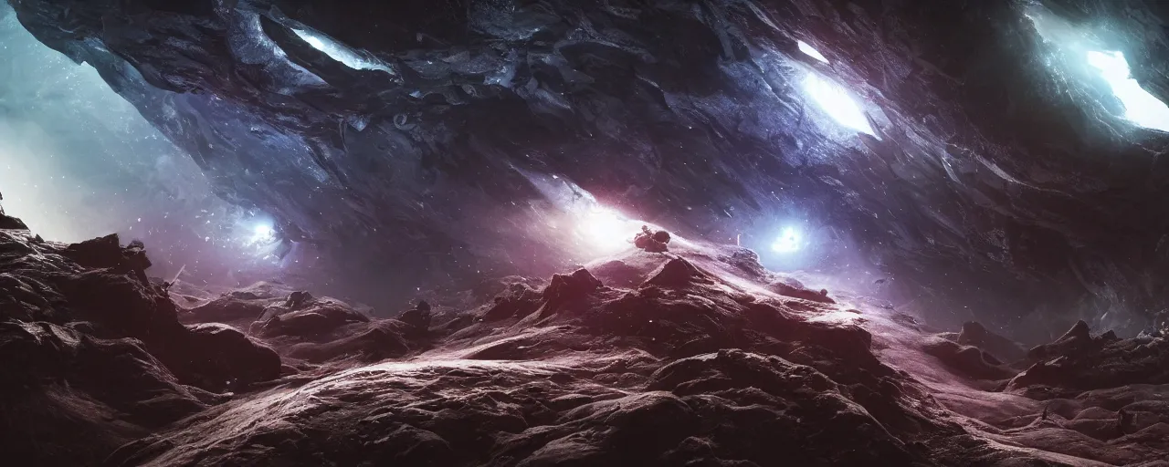 Image similar to a highly detailed dark epic swirling galaxy, space scene, dark scifi, unreal engine, octane render, detailed and intricate, global illumination, volumetric lighting