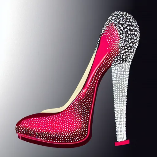 Image similar to High heels, futuristic, red soles, curved, with sparkling gems on top, realistic, showcased on a shelf, high detail, photorealistic, shining