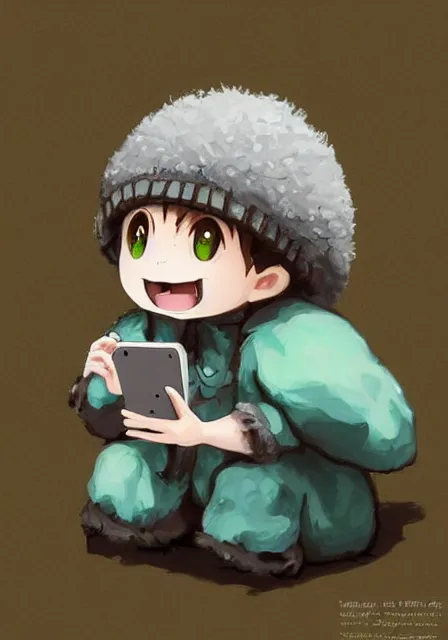 Image similar to beautiful little boy wearing sheep suit using a smartphone while sitting on chair, gray, blue, green and brown pallet color. made in abyss art style, inspired in kris from deltarrune, cute detailed artwork, anatomically correct, soft details, ilya kuvshinov, reflection