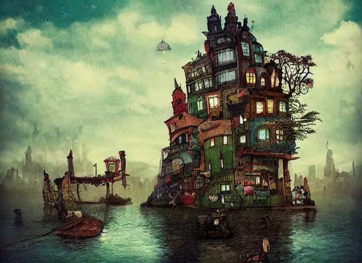Image similar to ☕🍧🌆👴🏼, lowbrow, matte painting, in the style of alexander jansson,