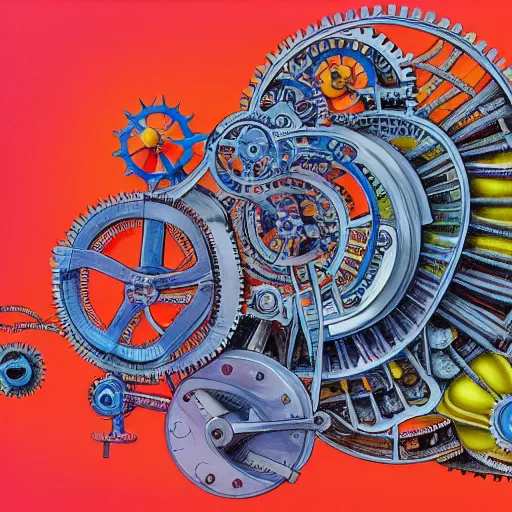 Image similar to a complicated time travel machine engine contraption with sprockets springs cranks cylinders hoses pistons, high detail, intricate abstract, detailed abstract, isometric, optical illusion, cubism, color pencil, bright colors, vivid colors, hyper detailed, high resolution, artstation, created by M.C. Escher