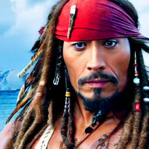 Image similar to Dwayne Johnson as jack sparrow, film still