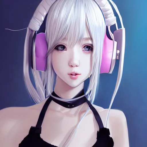 Image similar to realistic detailed semirealism beautiful gorgeous natural cute excited happy Blackpink Lalisa Manoban white hair white cat ears blue eyes, wearing black camisole outfit, headphones, black leather choker artwork drawn full HD 4K high resolution quality artstyle professional artists WLOP, Aztodio, Taejune Kim, Guweiz, Pixiv, Instagram, Artstation