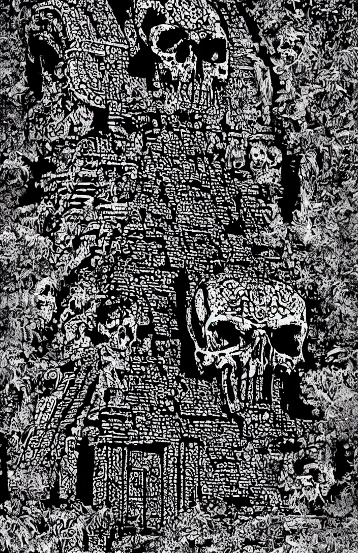 Image similar to mayan temple in form of punisher skull. background jungle