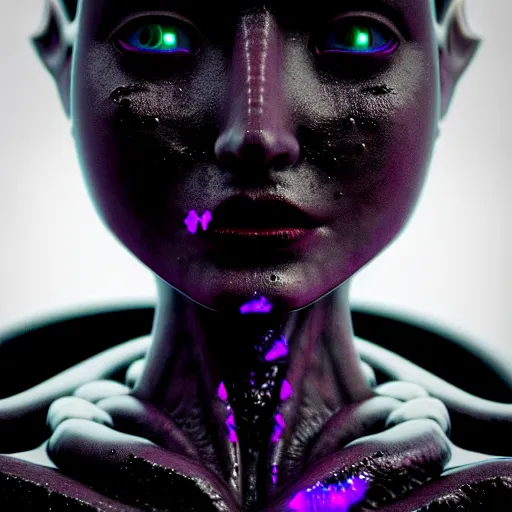 Prompt: a beautiful feminine alien with thick black sludge seeping from her eyes, screaming while being consumed by darkness, iridescent eyes, dreamlike, intricate detail, 3d render, octane render, sigma 85mm f/1.4, 4k, hd