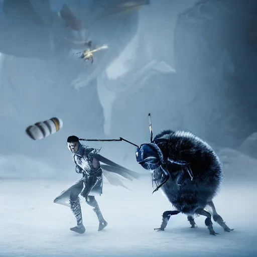 Image similar to justin sun as night king versus huge bee, 4 k, epic, cinematic, focus, movie still, fantasy, extreme detail, atmospheric, dark colour, sharp focus