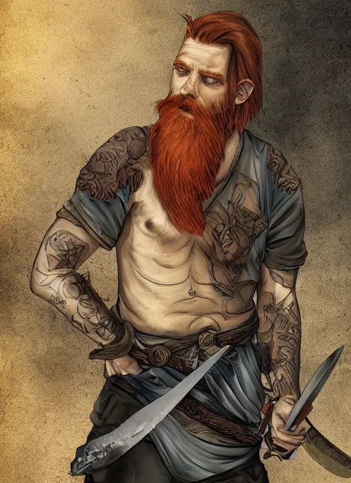 Image similar to grungy redhead 30-something scruffy bearded shoulder-length hair swordsman holding a short curved sword in a ultradetailed pacific northwest redcedar forest, smooth. sharp focus, grunge dingy high quality digital art detailed,