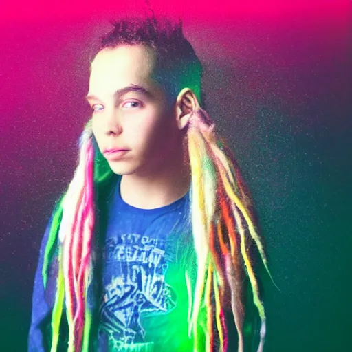 Image similar to a boy with colored dread hair in dark room flash, polaroid effect!!!