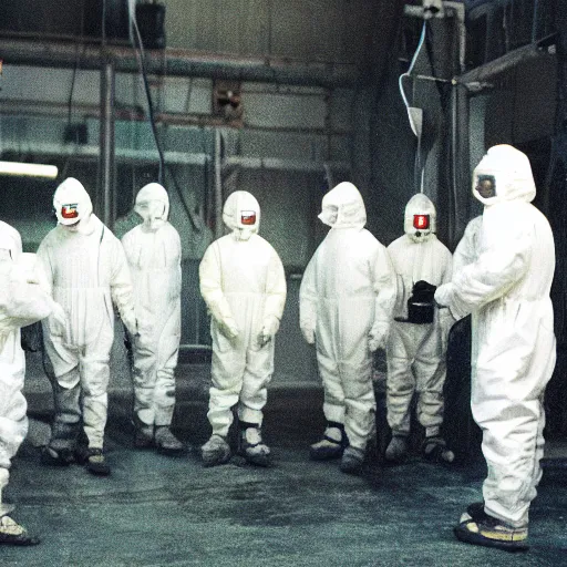 Image similar to a photo of men wearing hazmat suits, standing around a glowing machine, arriflex 3 5, film still