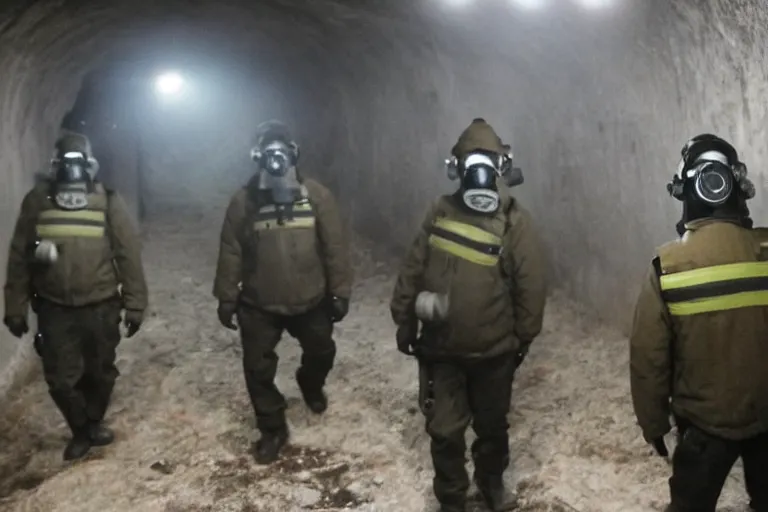 Prompt: police in gas masks in dark Russian tunnels hunting monster