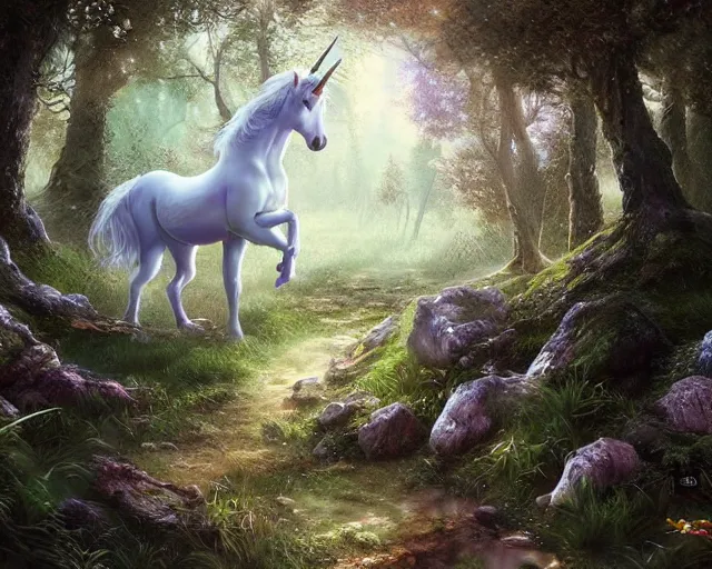 Image similar to fine art painting of a unicorn in a magical forest, artstation, cgsociety, very detailed, intricate