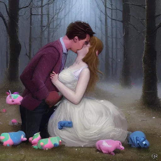 Prompt: Alex Mitten & Percy Pig kissing, a mallard & a blonde lady are in the background, greg rutkowski