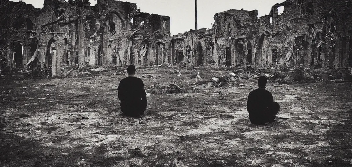 Image similar to “sad soldier, sitting alone, smoking a cigarette, looking at the ruins of his city from a hill”