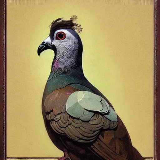 Image similar to Portrait of anthropomorphic Pigeon. Beautiful digital art by Greg Rutkowski and Alphonse Mucha. pigeon head