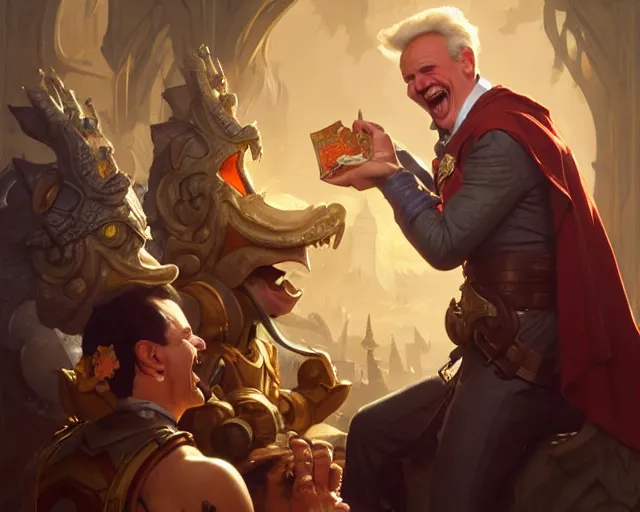 Prompt: david lister laughing at arnold rimmer, deep focus, d & d, fantasy, intricate, elegant, highly detailed, digital painting, artstation, concept art, matte, sharp focus, illustration, hearthstone, art by artgerm and greg rutkowski and alphonse mucha