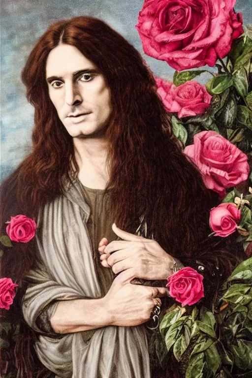 Prompt: pre-raphaelite Ozzy Osbournel with dark hair and roses in the background, blurred detail, phototaken with Nikon D750