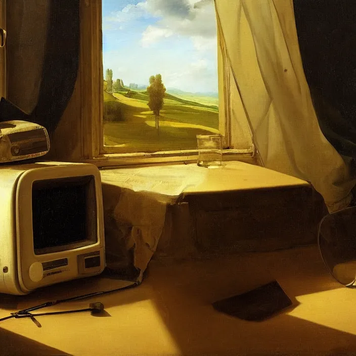 Prompt: still life painting of an old crt monitor running windows xp by pieter claesz, oil on canvas, strong lighting, highly detailed, hyper realism, golden hour, god rays, hd, 4 k