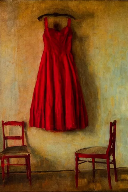 Image similar to an empty red dress laid across a chair in a dark victorian era room. in the style of american impressionism painting. triadic color scheme