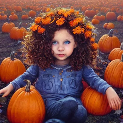 Image similar to a cute little girl with light brown wavy curly hair and blue eyes sitting amidst piles of pumpkins. beautiful cute highly detailed face. she is wearing a crown of autumn leaves. autumn and fall and halloween themed painting by artgerm and greg rutkowski and magali villanueve.