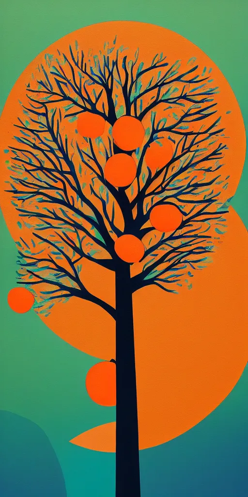 Image similar to a painting of a tree with oranges and other things, an ultrafine detailed painting by petros afshar, behance contest winner, geometric abstract art, behance hd, digital illustration, geometric