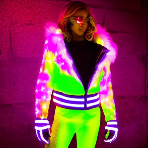 Prompt: autumn season rave jacket with led skin and fluffy lining in the style of cyberdog, product shot, dark background, neon lighting