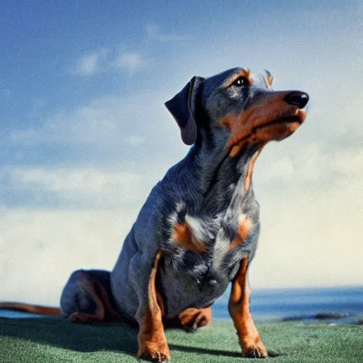 Image similar to photo of an elderly light gray overweight wire-haired dachshund with long hair floating in heaven, blue sky, white clouds