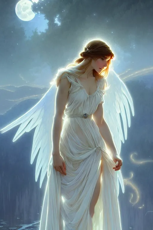 Image similar to Angels in white gauze dresses, the glow of the moonlight, fantasy, intricate, elegant, highly detailed, digital painting, artstation, concept art, matte, sharp focus, illustration, art by Artgerm and Greg Rutkowski and Alphonse Mucha