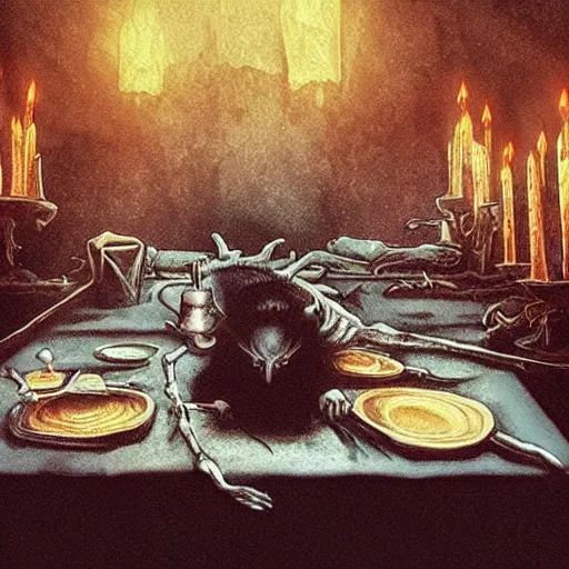 Image similar to “an 8k hi definition super detailed photorealistic picture of a vampire in a dungeon setting sitting at a banquet table full of plates of rats and spiders with red candles”