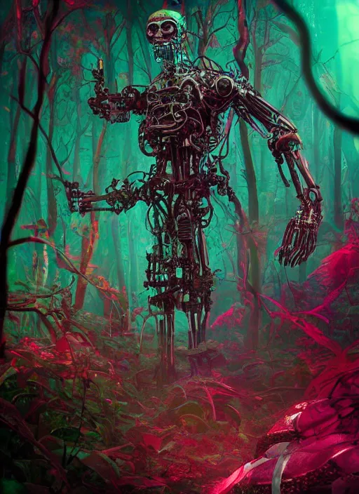 Image similar to a small psychedelic surreal horror cyborg in the chaotic spirit forest, bizarre conceptual art, filmic, fulcolor octane reminder, cinematic, ultra - realistic