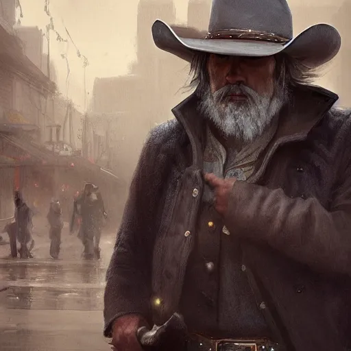 Image similar to portrait of a man with a long duster, grey hair and a cowboy hat walking in a western town, hard good looking face, middle aged, drawn by Ruan Jia, fantasy art, dramatic lighting, digital art, 8k, highly detailed