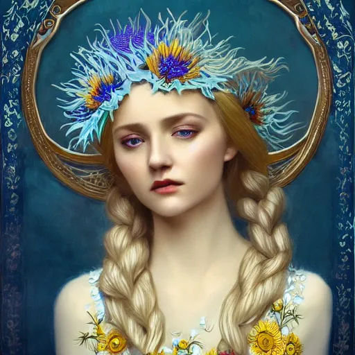 Prompt: blonde lady in white embroidered shirt, ukrainian national costume, filigree crown with blue and yellow textile embroidery sunflowers, intricate, elegant, digital painting, art nouveau, smooth, focus, rim light, charlie bowater, tom bagshaw, greg rutkowski