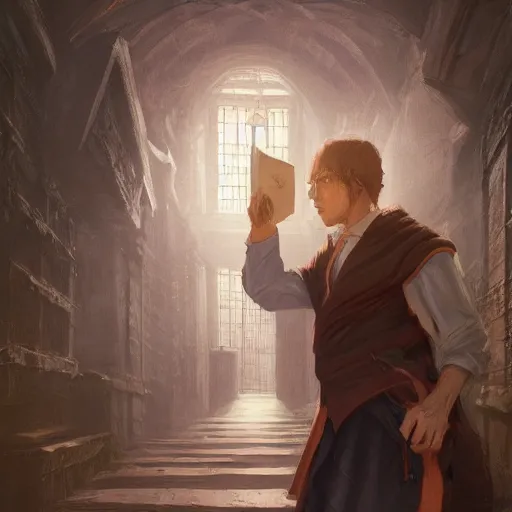 Prompt: My Favorite Portrait of a lawyer genius academician wearing a grimoire in his holding hand whilst wearing a vest of scholarship Greg Rutkowski Marc Simonetti Anato finnstark Brooklyn New York Hidden Stairway Hidden Alcove Visible Alleyway 4k Artstation Background Wallpaper 1080p