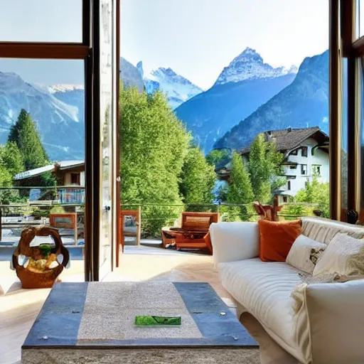 Image similar to a beautiful swiss home the mountains set the view inside of a living room the olivia room have a lot of windows the windows have a view of the beautiful mountains of switzerland it a sunny day professional photograph