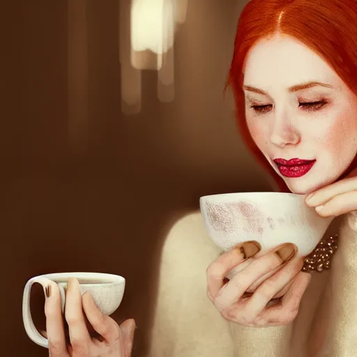 Prompt: Digital painting, hard brush stroke, redhead woman drinking steamy latte in dimly lit coffee shop, wearing elegant jewellery, relaxed pose, cosy, Hasselblad, happy, 8k, WLOP,