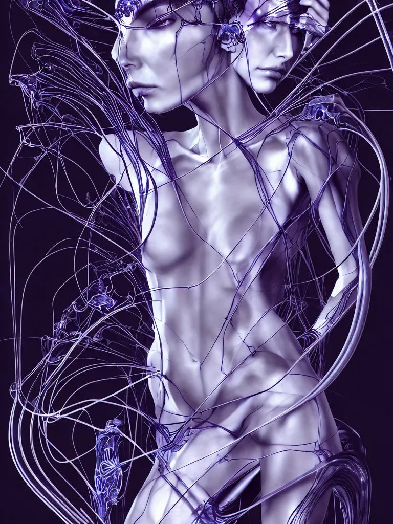 Image similar to x - ray bioscans, new ai race, style is mix of æon flux, hideo kojima, mobius, botticelli, pre - raphaelite, shoujo manga, ferrofluid, quantum deep magic, wires, veins, 4 k ultrafine detail, full shot,