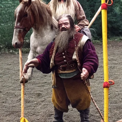 Prompt: dwarf from the lord of the rings standing on a pony in the middle of a circus