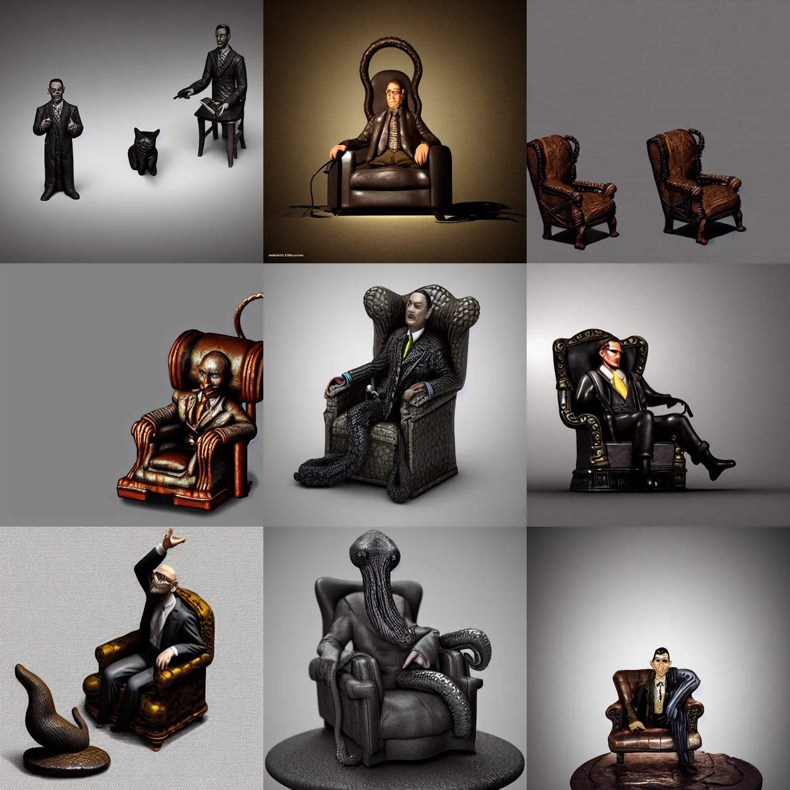 Prompt: isometric view 2 8 mm miniature statue howard phillips lovecraft dressed suit sitting in tall leather armchair pet the cat on lap, big tentacle as floor, and wall darkness, cast iron material, black background, octane render, backlight, highly detailed intricate matte sharp focus digital painting artstation pixiv